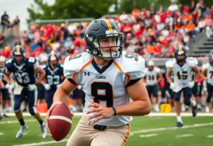 High school football player making a tackle during a game.