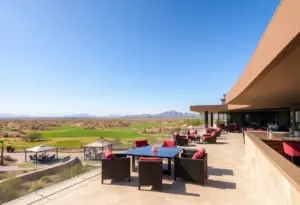 Rooftop lounge and golf course at La Paloma Country Club