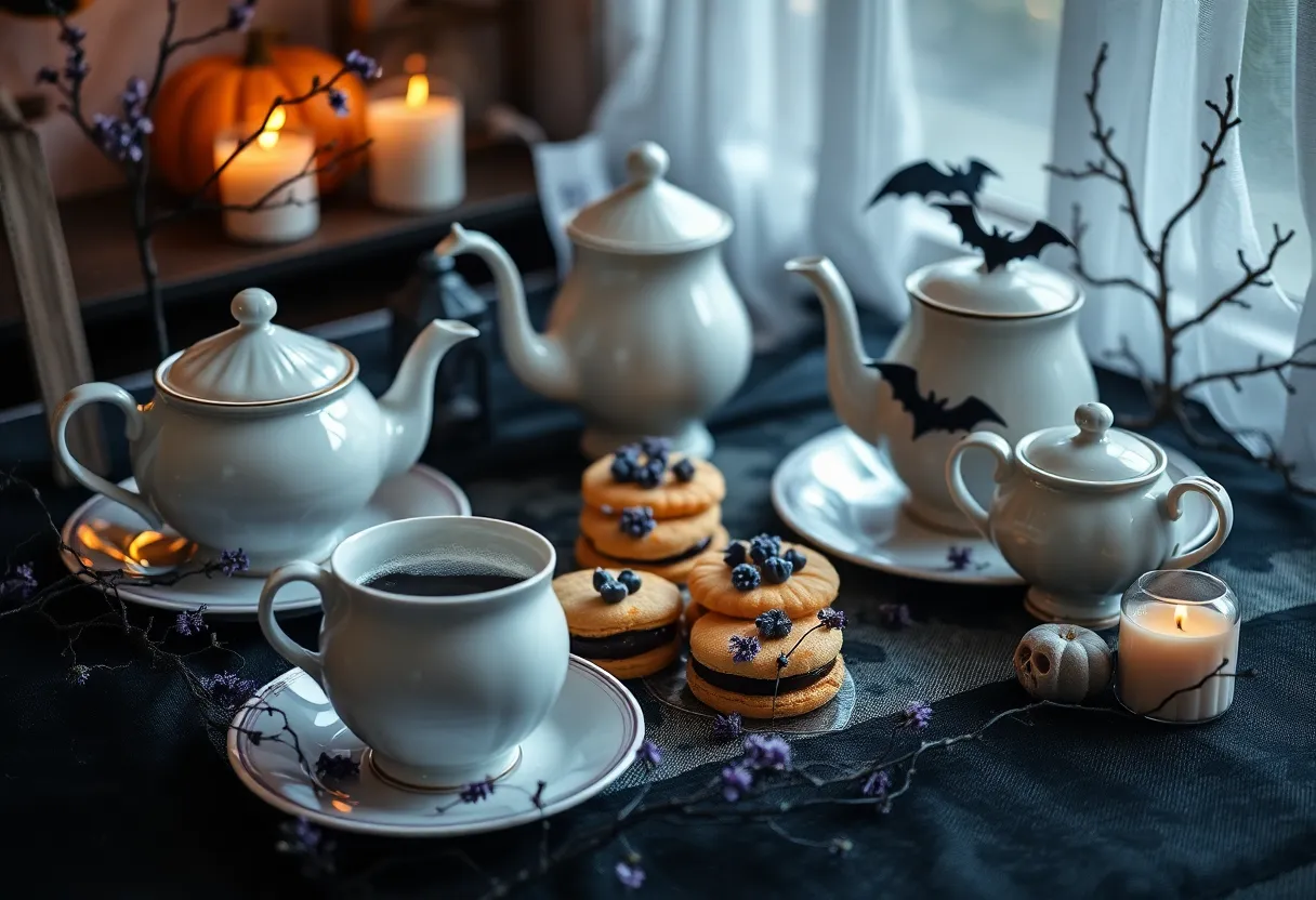 Halloween-themed afternoon tea at Lavender Tea Manor with lavender pastries.