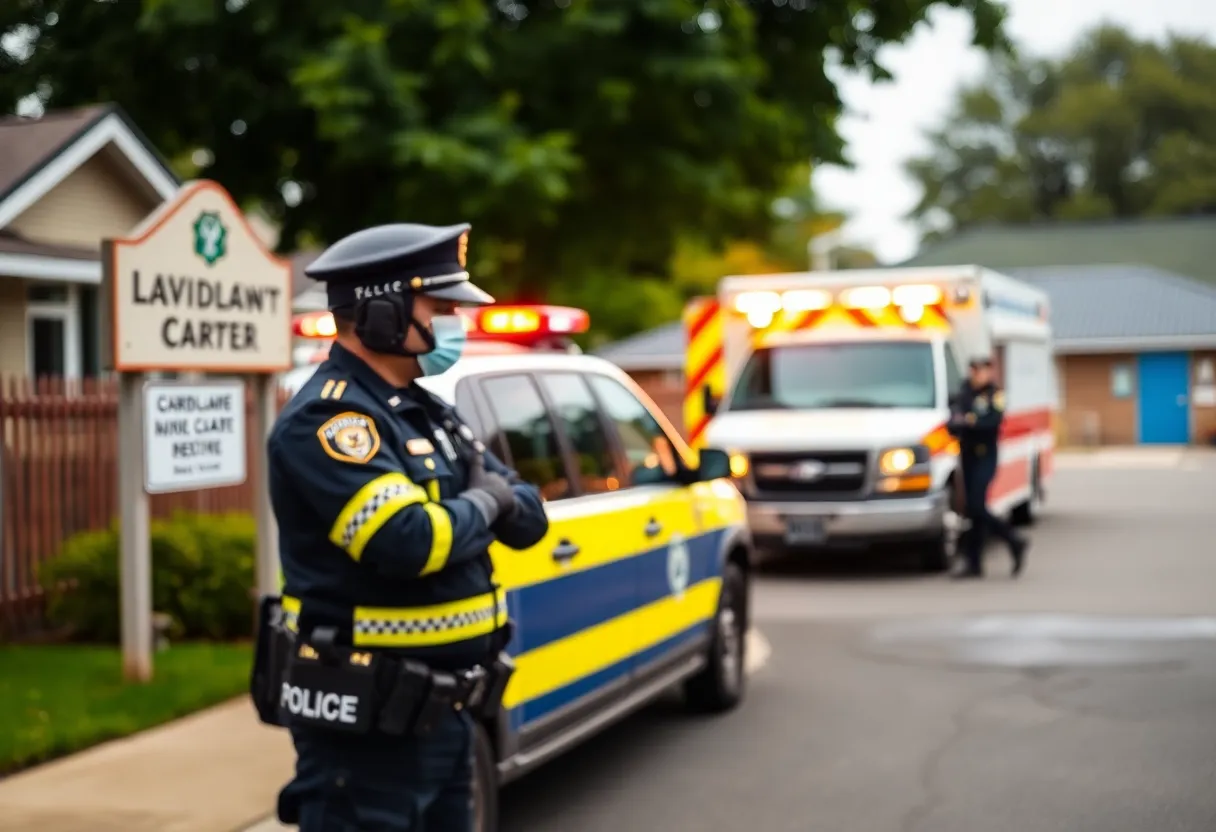 Law enforcement vehicles at a daycare site, representing justice and safety in childcare.