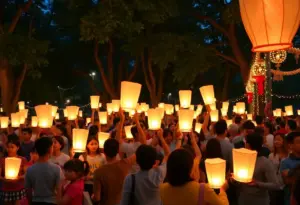 Participants at the Light the Night walk with illuminated lanterns in Reid Park, Tucson.