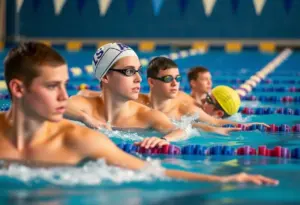 Swimmers competing in a pool during a regional swimming championship.