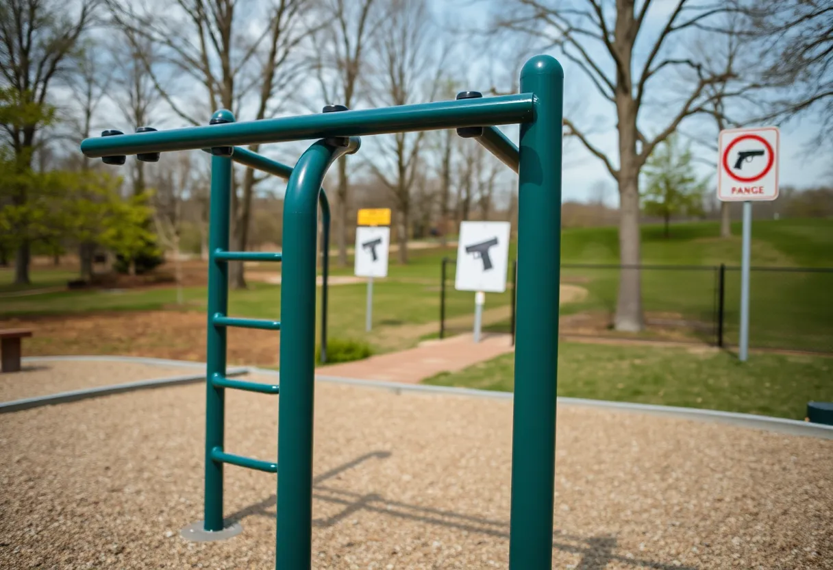 Monkey bars in a park with safety signage and a gun range in view.