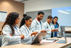 Medical students collaborating using advanced educational technology