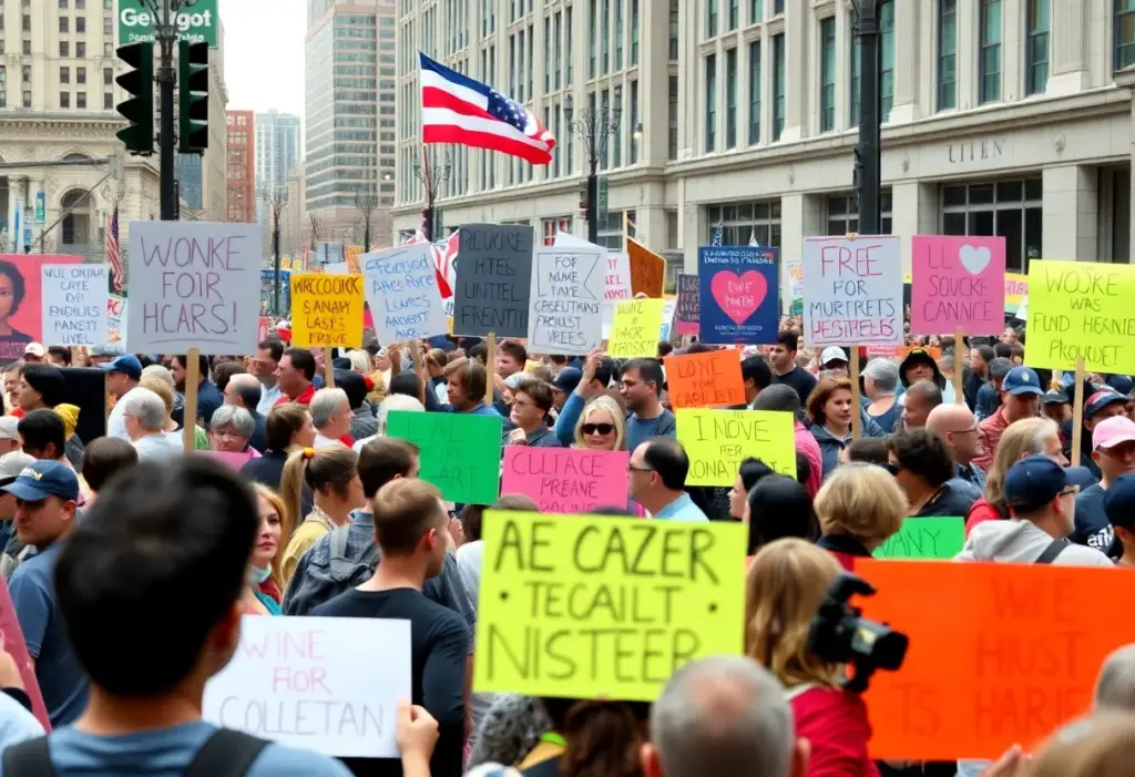 Crowd holding signs at 'No Kings Day' protest in Tucson