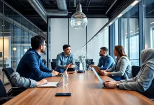 Tech entrepreneurs discussing AI in a modern meeting space