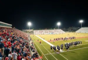 Palo Verde Eagles Football Team playing in a night game with cheering fans in the stands.