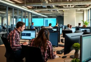 Office scene in Tucson with employees sharing schedules digitally.