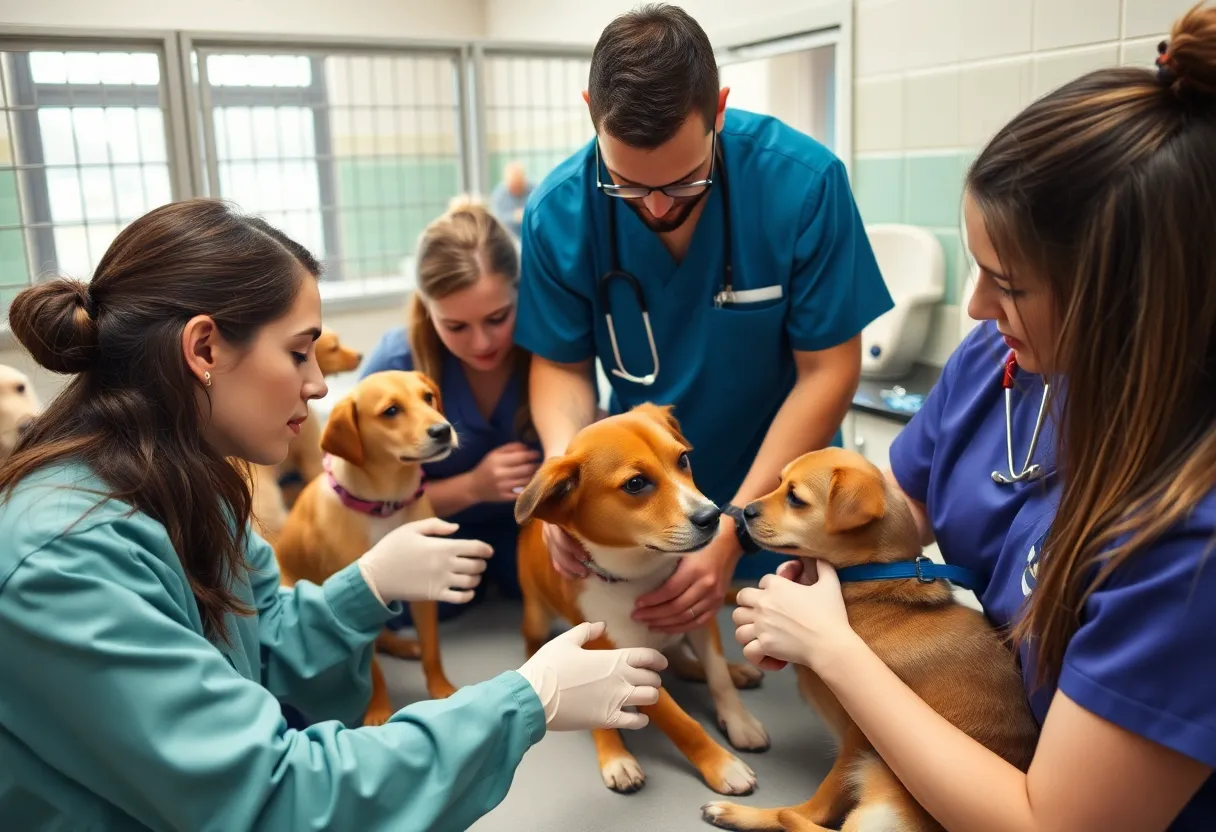 Veterinary students caring for pets at a shelter.