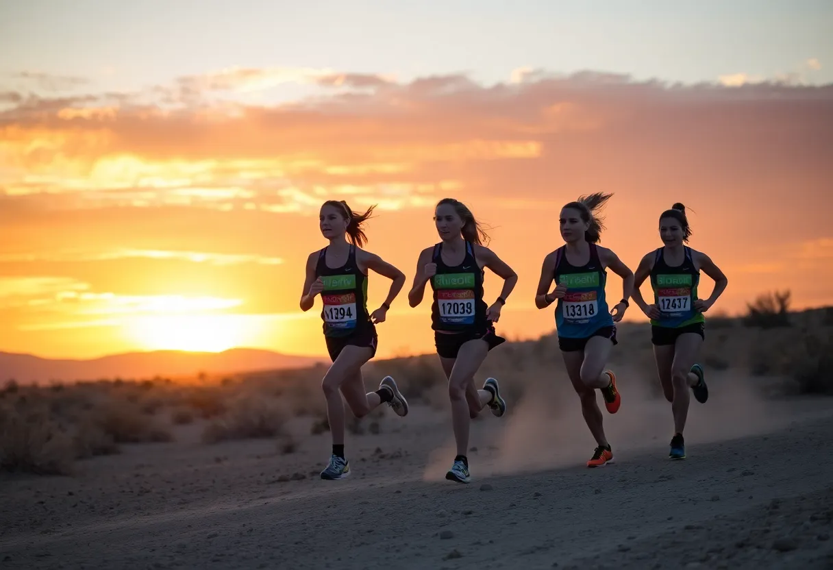 Pima Community College women's cross country team running in desert conditions.