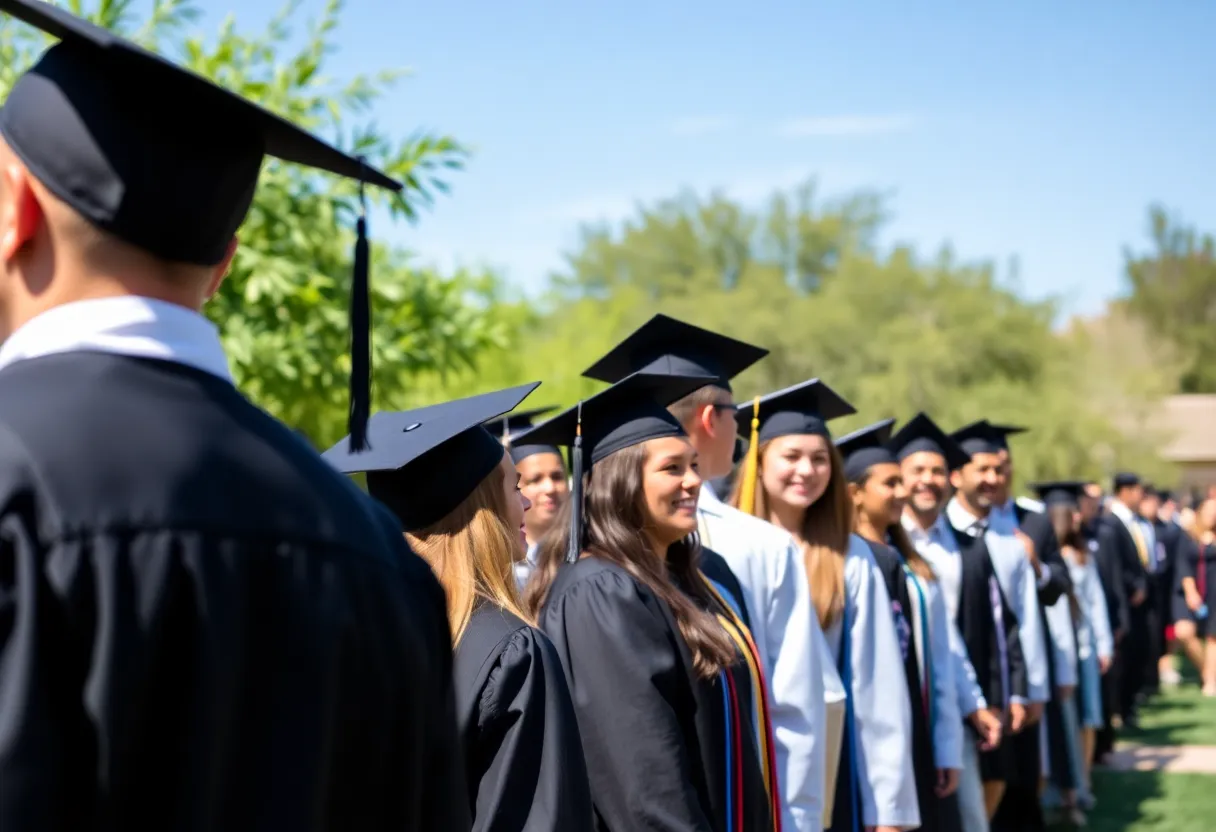 Graduation ceremony of students at Pima JTED in Tucson wearing caps and gowns.