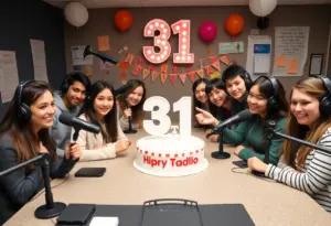 Students celebrating the anniversary of their high school radio station.
