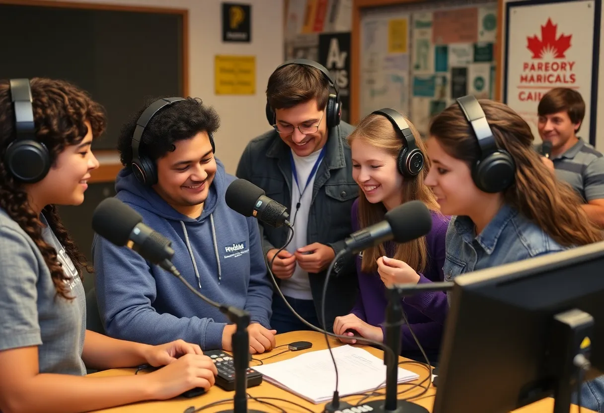 Students celebrating the 31st anniversary of Pueblo High School's student-run radio program.