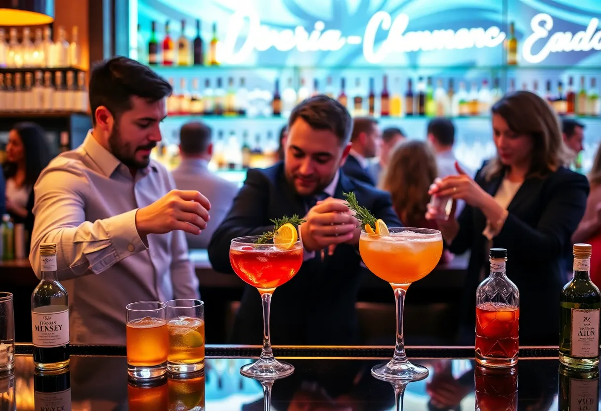 Mixologists competing at the Rye Not cocktail contest in Tucson, showcasing unique rye whiskey cocktails.