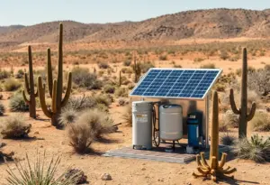 Solar-powered water purification system in a desert setting