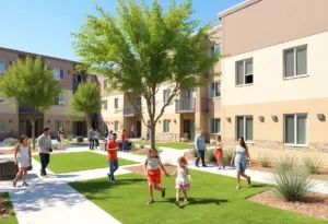 Affordable housing complex in South Tucson with green spaces