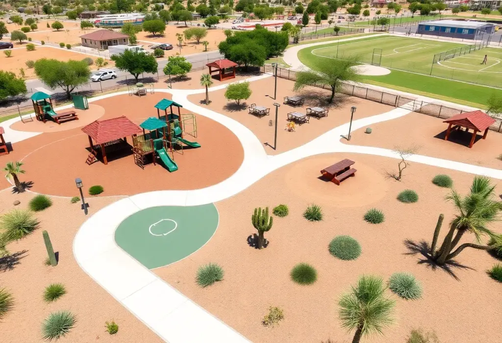 Newly built community park in South Tucson with playgrounds and sports fields
