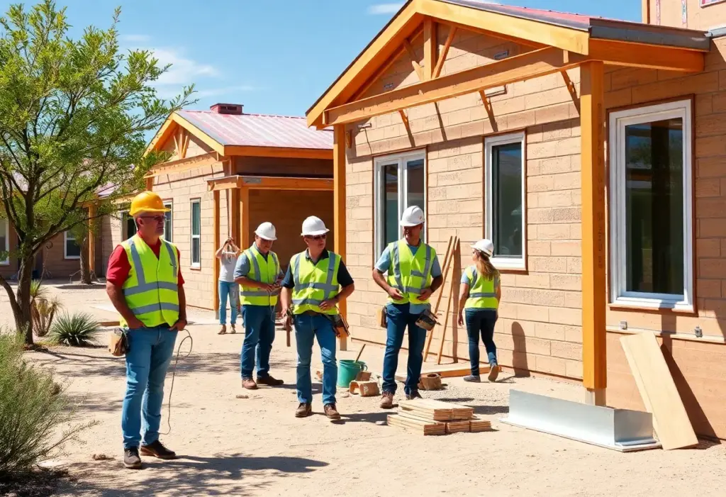 Affordable housing construction site in South Tucson with workers and new homes.