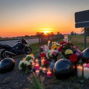A makeshift memorial along a rural road for a motorcycle accident victim with flowers and helmets.