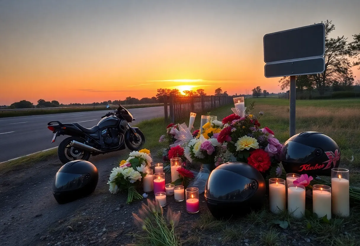 A makeshift memorial along a rural road for a motorcycle accident victim with flowers and helmets.
