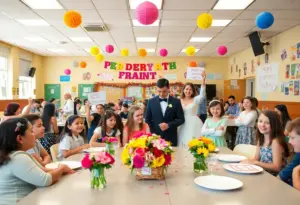 Students celebrating a surprise wedding in a decorated cafeteria