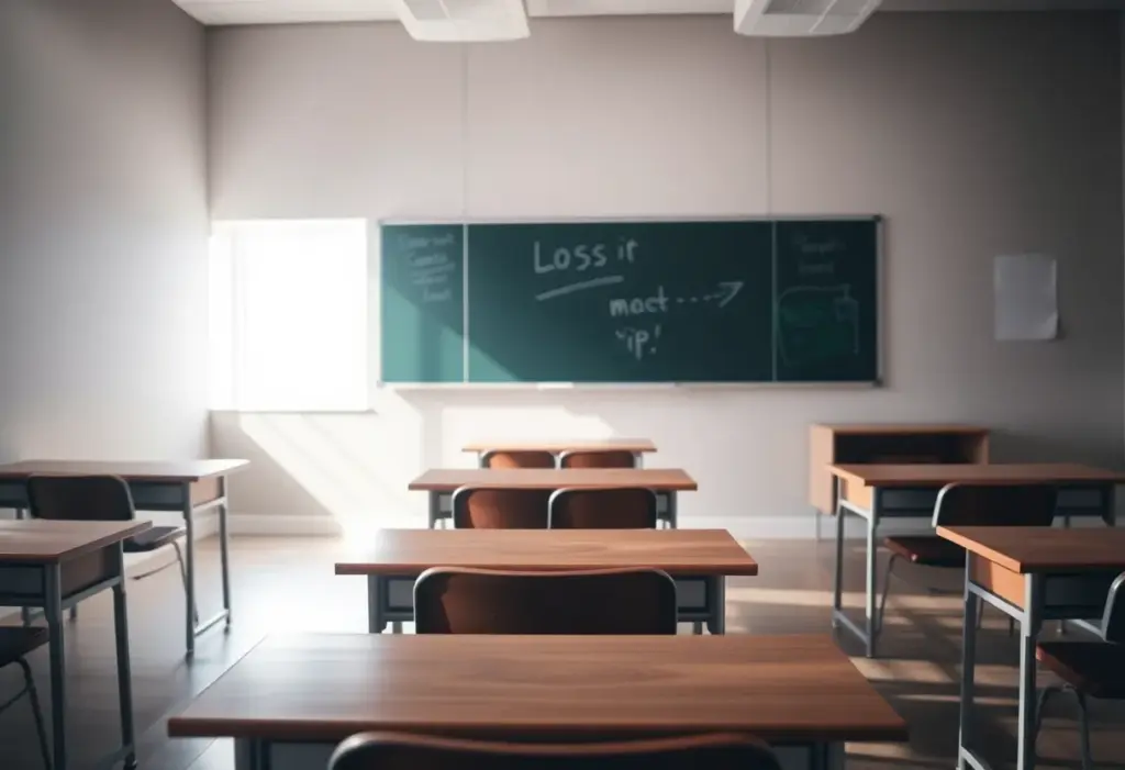 Empty classroom at Sunnyside High School symbolizing loss.