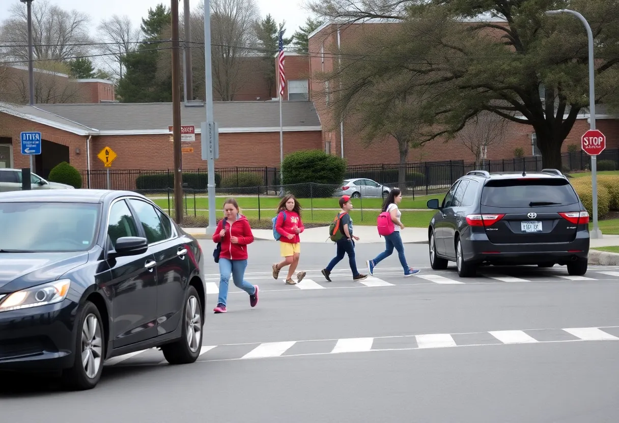 Crosswalk near Sunnyside High School with students and vehicles