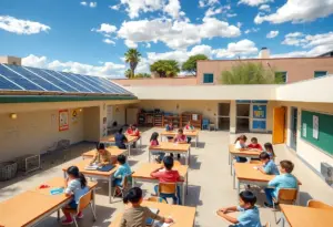 Students in modernized classrooms with solar panels