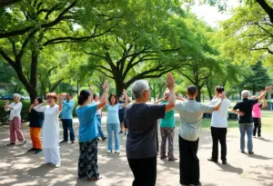 Participants practicing Tai Chi outdoors in Tucson