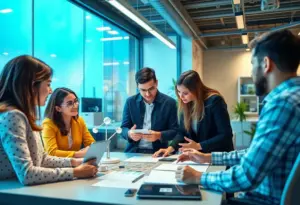 Employees collaborating in a modern office setting focused on logistics technology.