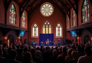 The Sanctum concert venue interior with stained glass