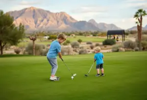 A toddler hitting a golf ball on the green at a golf course.