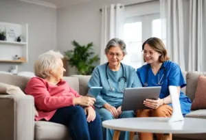 Caregiver assisting an elderly client in a home health care environment