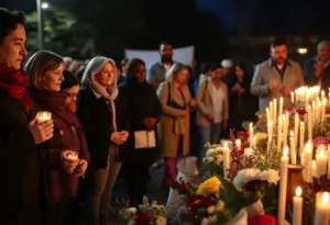 Community gathering in memory of Charlie Kirk, with candles and flowers.