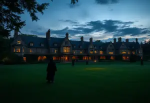 Exterior view of Tubac Golf Resort & Spa with a haunted ambiance at dusk.