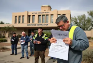 Workers standing outside an Air Force contractor's office in Tucson after layoffs.