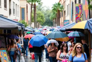 Crowds at Tucson ARTwalk under umbrellas
