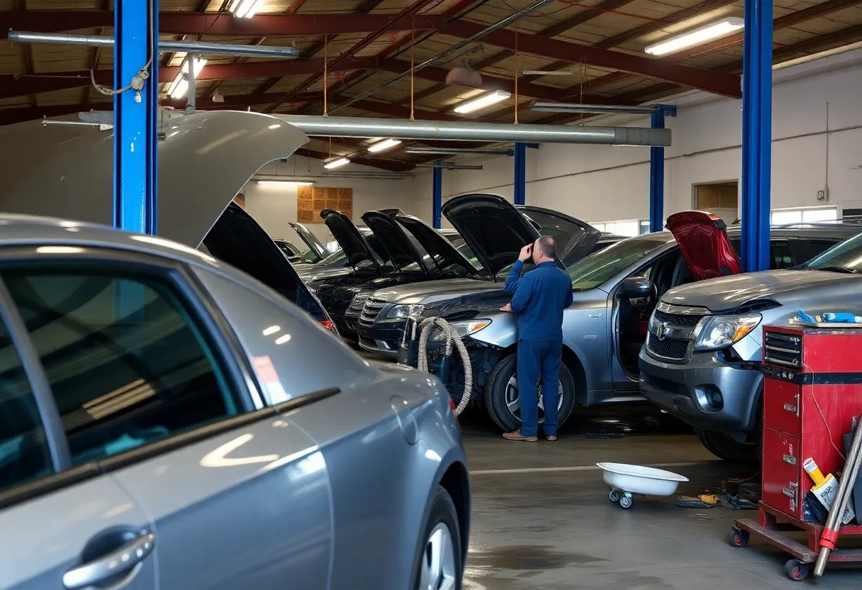 Vehicles being repaired at an auto shop in Tucson after heavy rains.