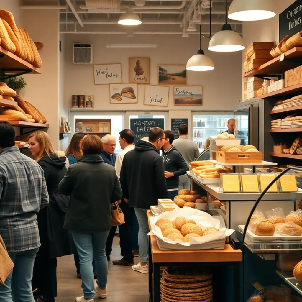 People enjoying artisanal breads at a new Tucson bakery location.