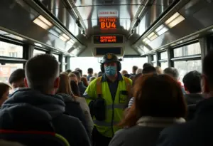 Interior of a Sun Tran bus after a shooting incident, showing emergency responders.