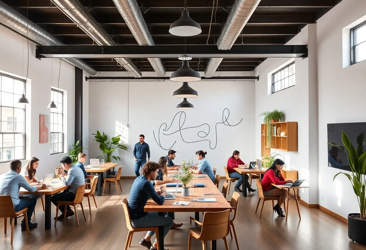 A collaborative space in a business incubator in Tucson's Barrio Viejo with entrepreneurs working together.