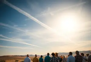 Residents discussing chemtrails under a clear desert sky