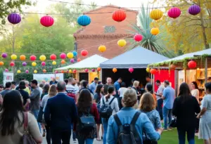 A vibrant scene of Tucson's cultural events with diverse people enjoying autumn festivities.