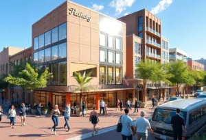 Illustration of Tucson's downtown revitalization with eco-friendly buildings and local shops.