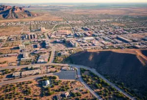 Aerial view of Tucson highlighting water conservation efforts and desert ecology.