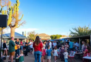 Families participating in live music performances and art workshops in Tucson.