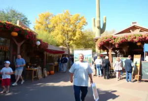 Vibrant scene of Tucson fall events with decorations and people engaged in activities.