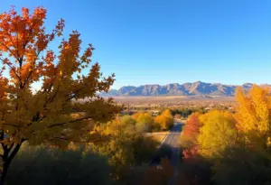 Scenic view of Tucson, Arizona showcasing fall weather with clear skies and colorful foliage.