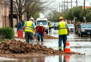 Volunteers and cleanup crews clear debris from flooded streets in Tucson.
