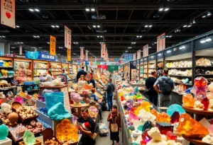 Colorful gemstones and minerals displayed at the Tucson Gem and Mineral Show
